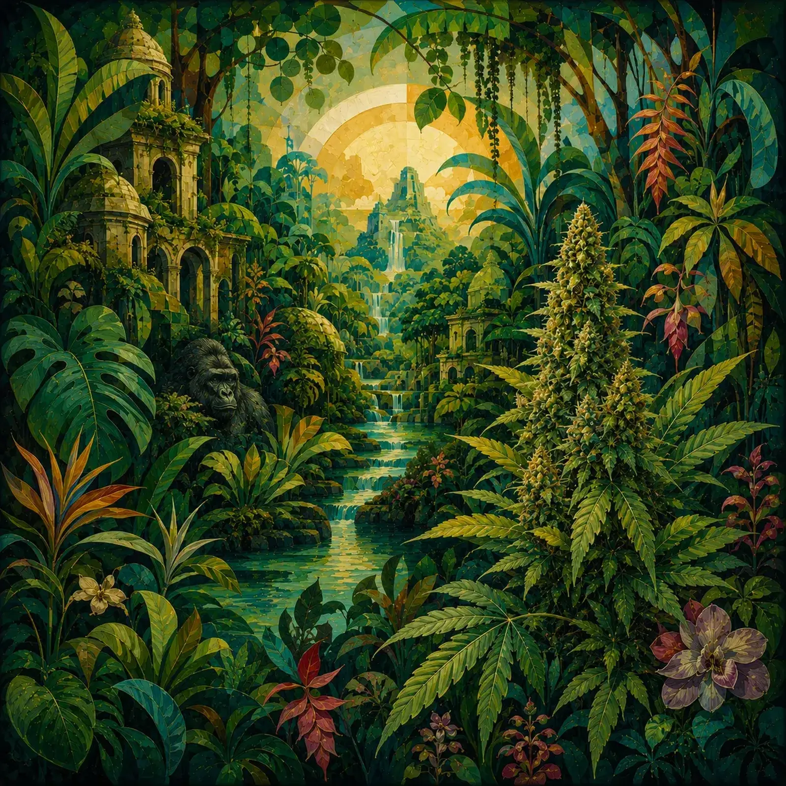 Dense botanical artwork inspired by Gorilla Glue seeds cannabis genetics