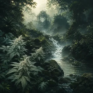 Misty forest artwork inspired by White Widow seeds cannabis genetics