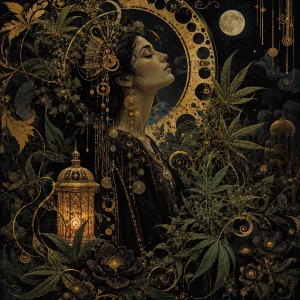 Dark botanical artwork inspired by Black Domina seeds cannabis genetics