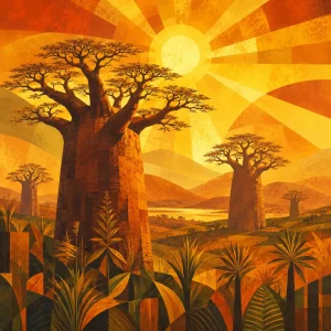 Sunlit African-inspired artwork inspired by Auto Durban Poison seeds cannabis genetics