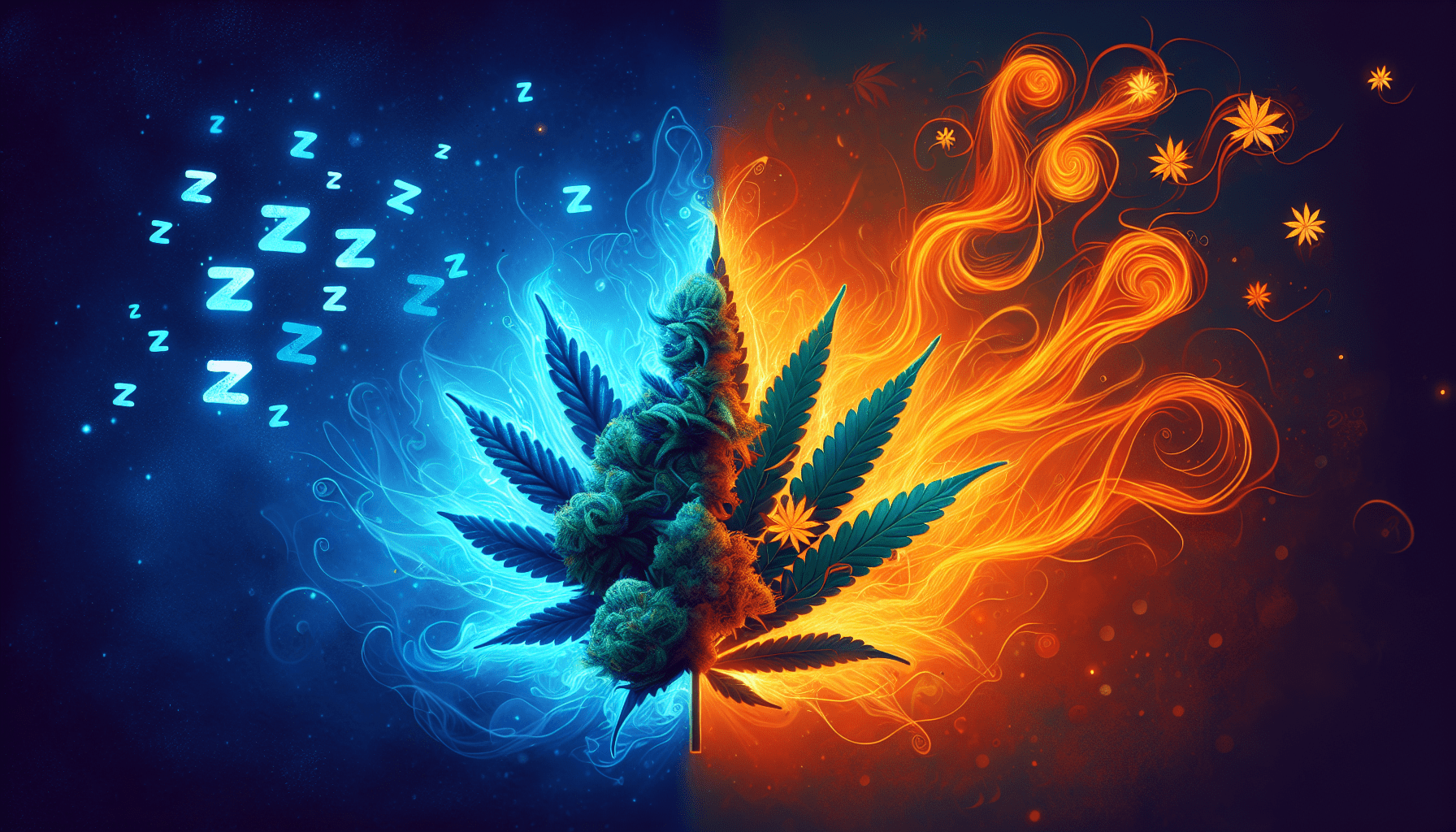 Illustration of different cannabis strains with contrasting effects
