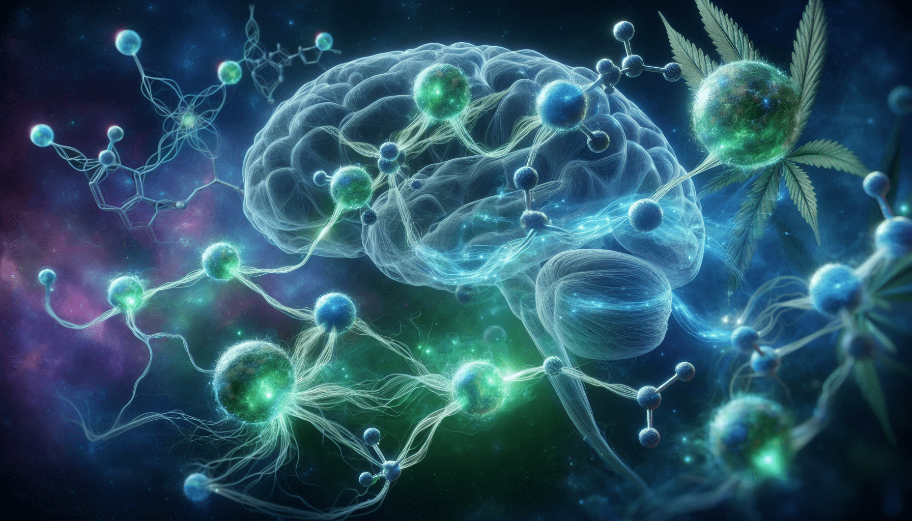 Illustration of cannabis components interacting with cannabinoid receptors