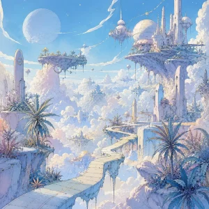 Ethereal pastel landscape artwork inspired by Auto Blue Dream cannabis genetics