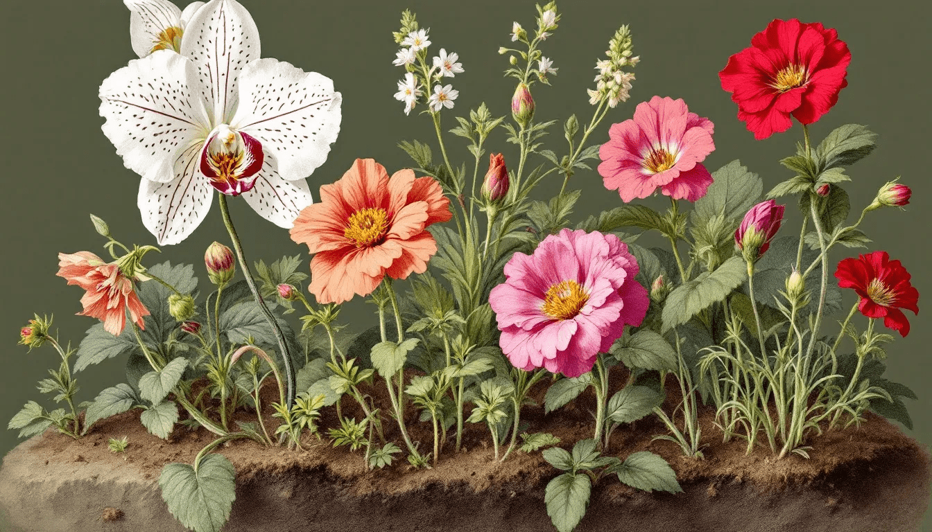 Healthy flowering plants and seedlings in a growing medium.