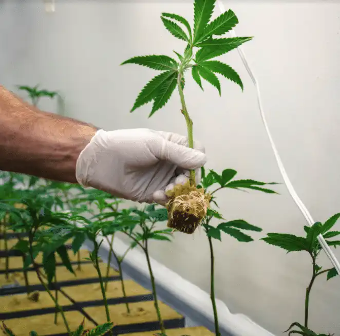 Stem rot in cannabis seedling showing characteristic pinching and browning at soil level