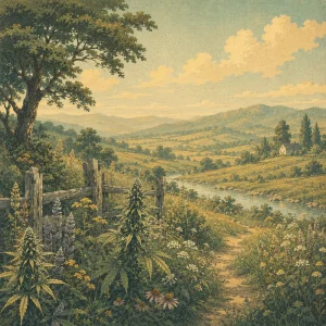 Restorative pastoral artwork inspired by Auto Charlottes Web cannabis genetics