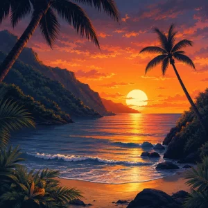 Tropical sunset artwork inspired by Pineapple Express seeds cannabis genetics