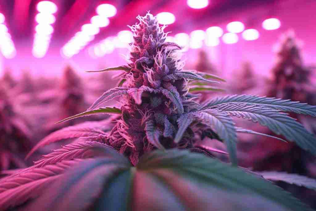 Close-up of frosty cannabis flower under lights premium feminized seeds 2025