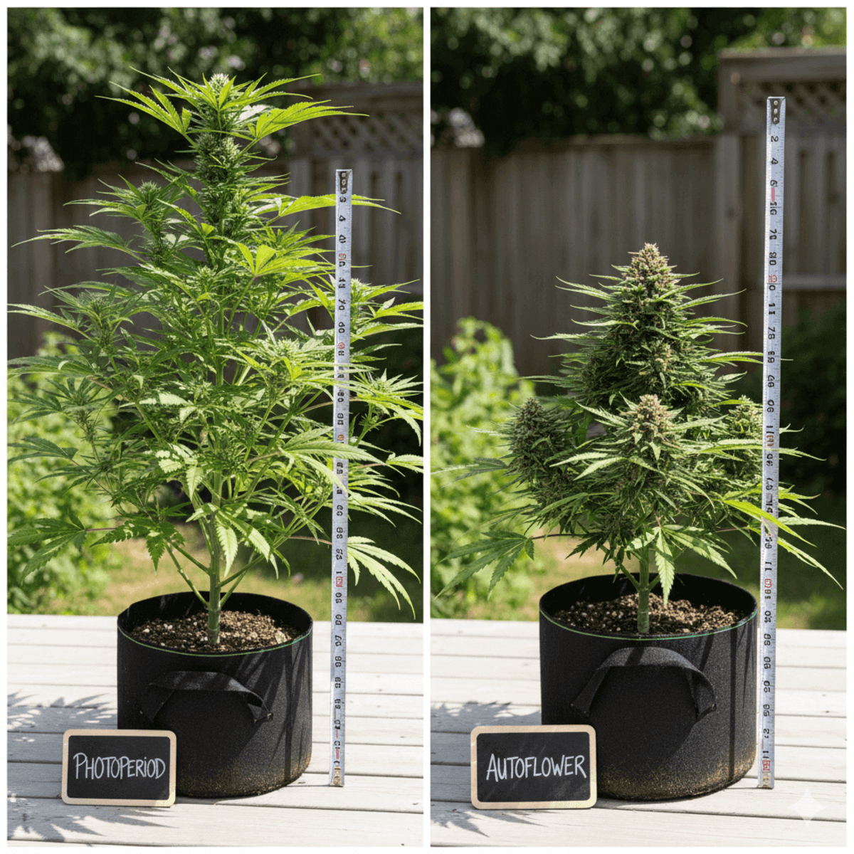 Side by side comparison of autoflower and photoperiod cannabis plants showing size and growth differences