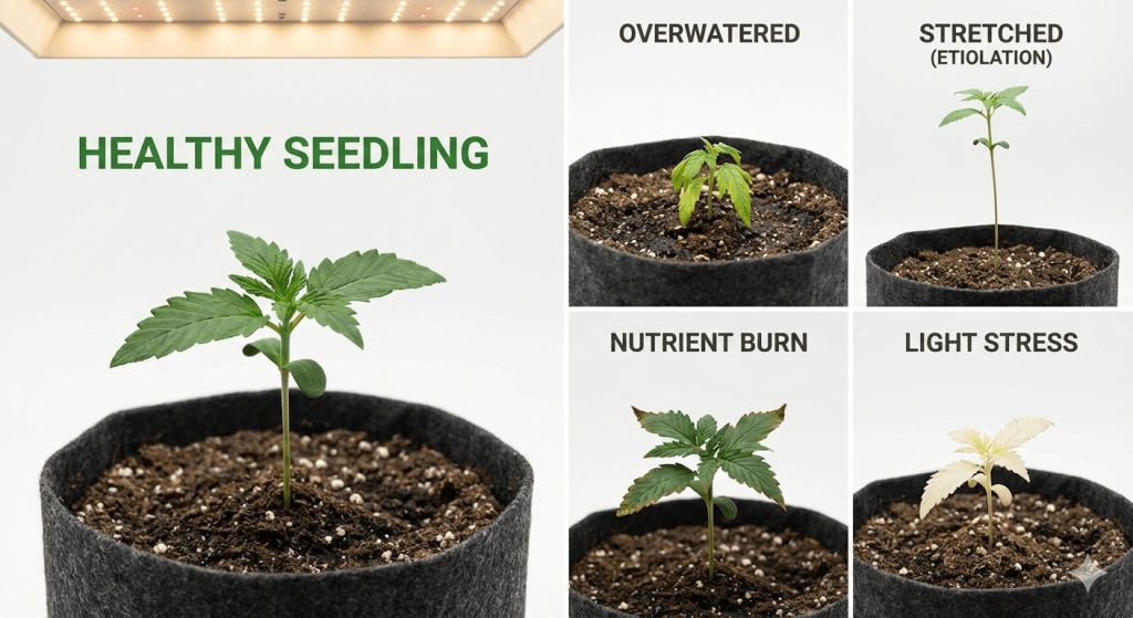 Split comparison image showing healthy vs unhealthy autoflower cannabis seedlings in fabric pots.