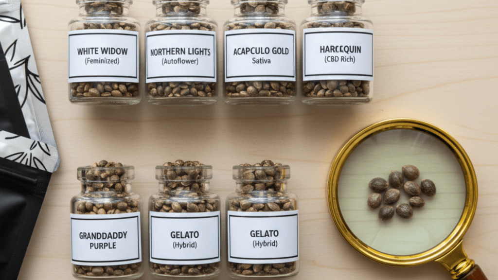Premium cannabis seeds displayed in labelled jars for collectors in Australia