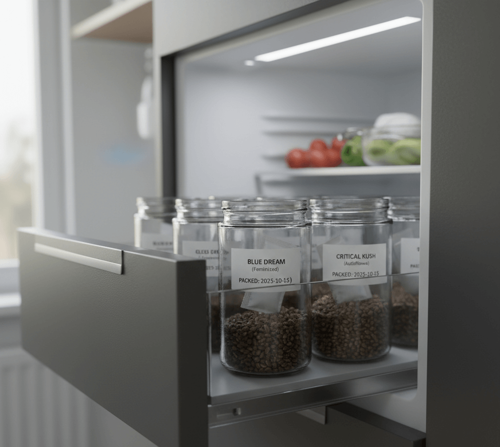 Proper storage of cannabis seeds in airtight containers with silica gel for long-term viability