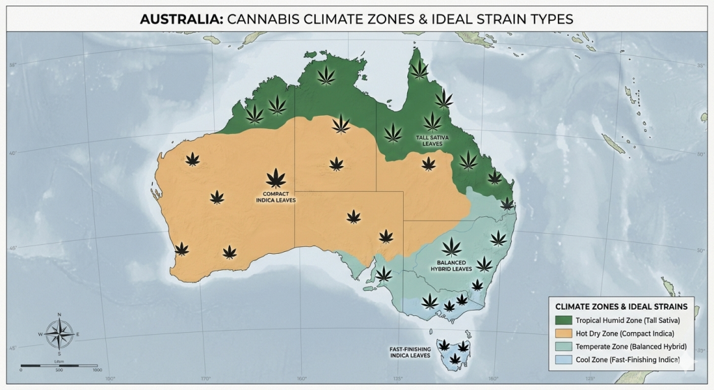 Australian cannabis climate zones map showing recommended strain types for Queensland, NSW, Victoria, Tasmania, South Australia and Western Australia