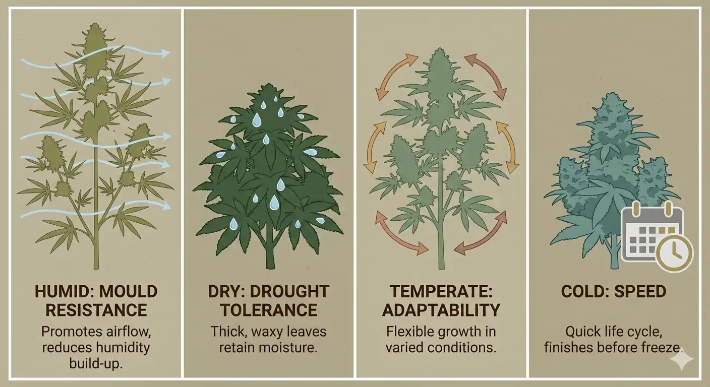 Comparison of cannabis plant structures for different Australian climates showing Sativa, Indica, hybrid and fast-flowering characteristics
