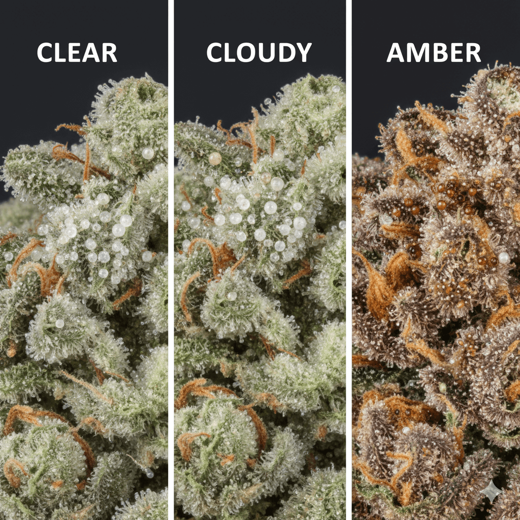 Bruce Banner trichomes showing clear, cloudy, and amber stages for determining harvest timing