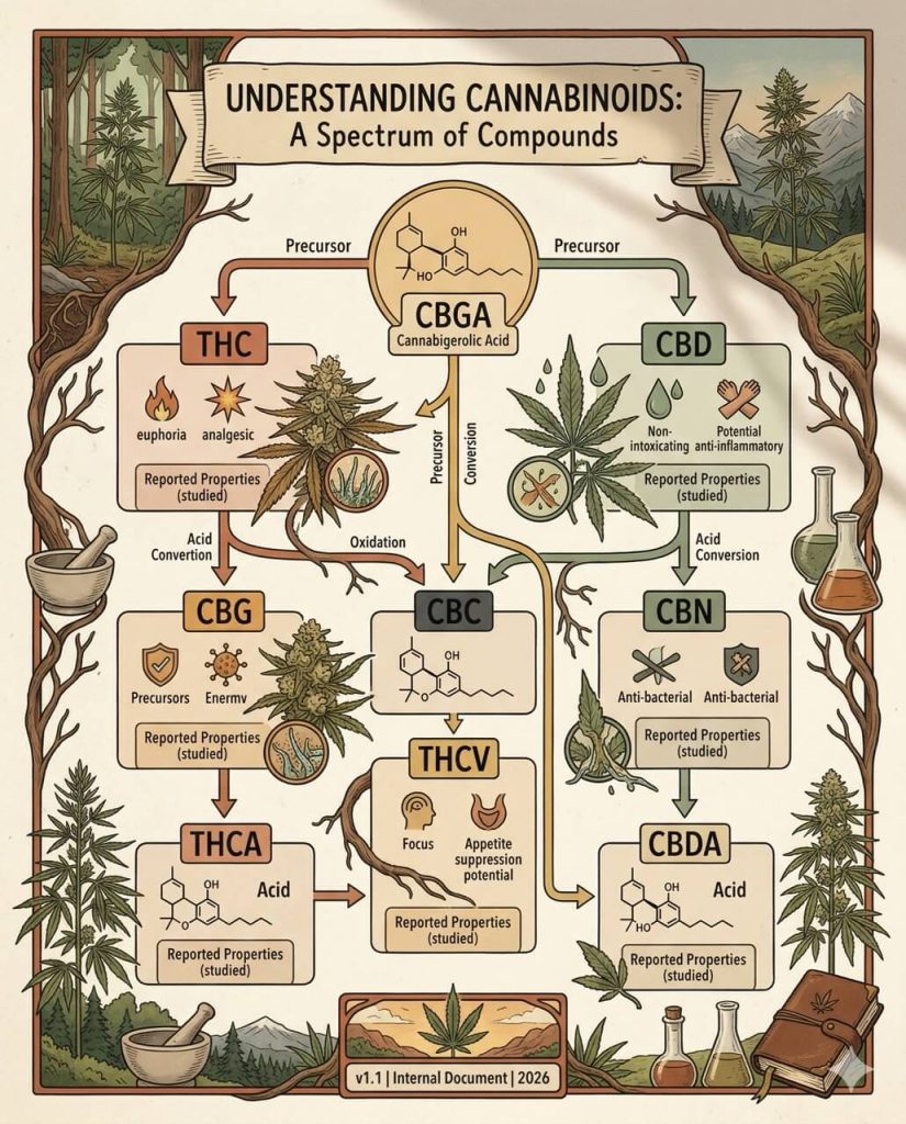 Cannabinoid spectrum infographic showing THCV alongside THC, CBD, CBG, CBC and CBN — all derived from CBGA precursor, with reported properties including focus and appetite suppression