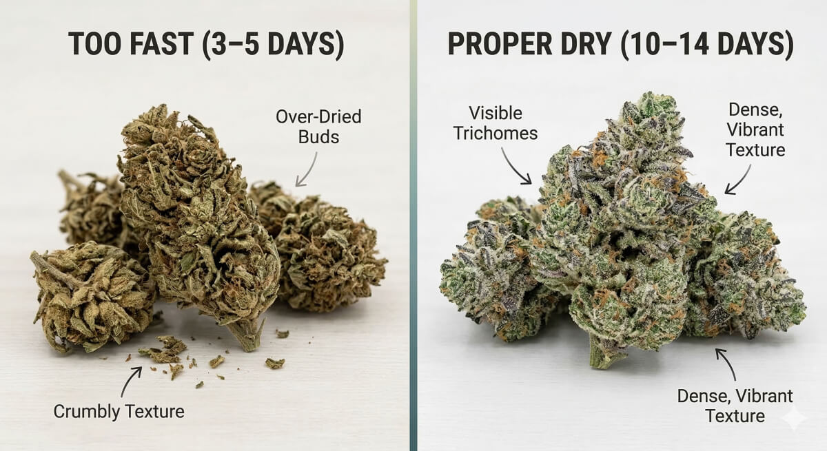 Comparison between over-dried cannabis buds and properly dried buds showing quality differences