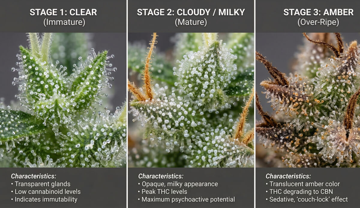 Comparison of clear cloudy and amber cannabis trichomes for harvest readiness
