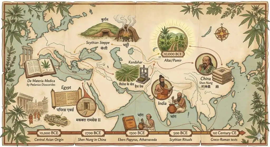 Ancient world map showing the spread of cannabis cultivation from Central Asia through China, India, Egypt, the Scythian steppe and Afghanistan along ancient trade routes