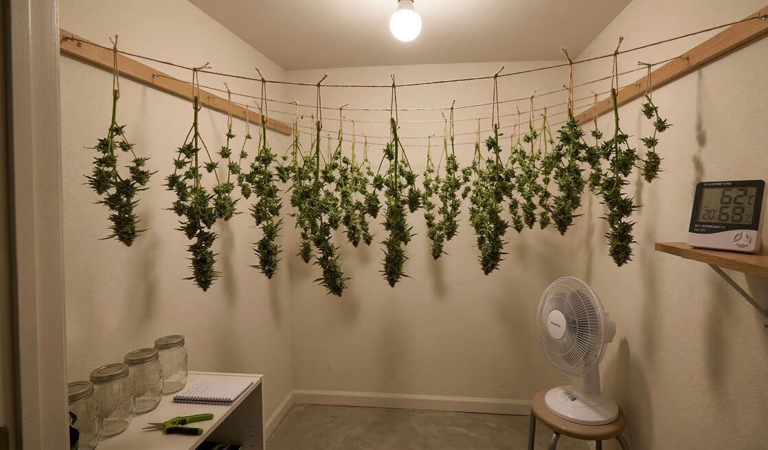 Home cannabis drying setup with hanging branches, hygrometer, and proper airflow