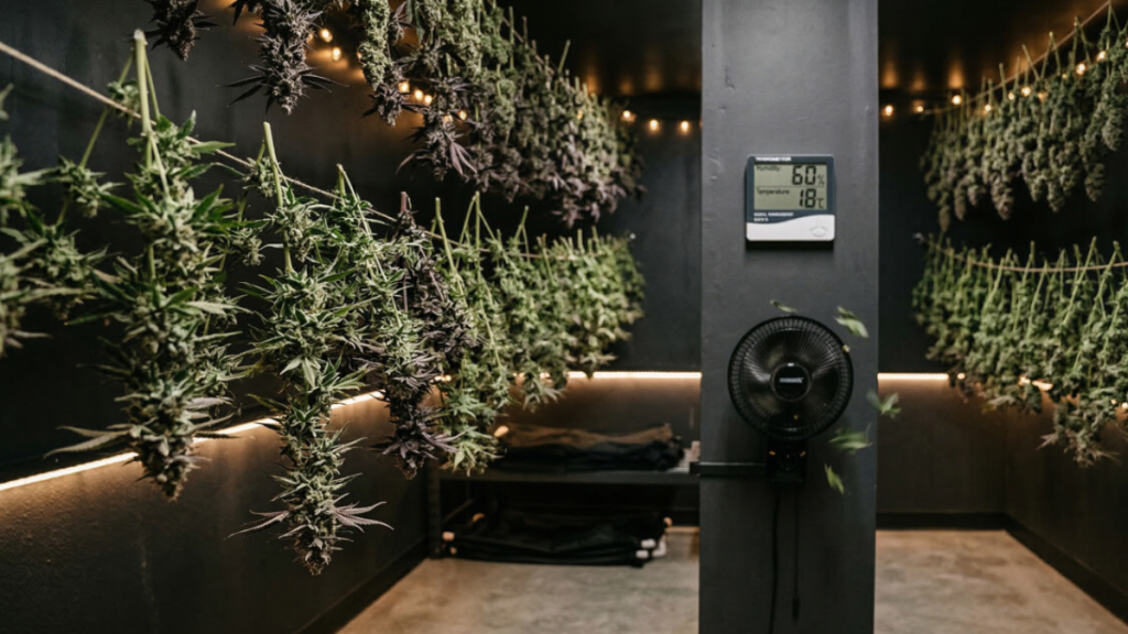 Cannabis buds hanging upside down to dry in a dark, temperature-controlled drying room with proper airflow.