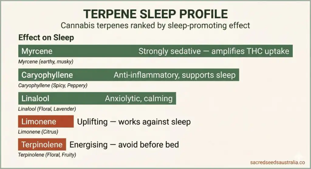 Bar chart showing cannabis terpenes ranked by sleep-promoting effect — myrcene and caryophyllene most sedative, terpinolene and limonene counterproductive for sleep