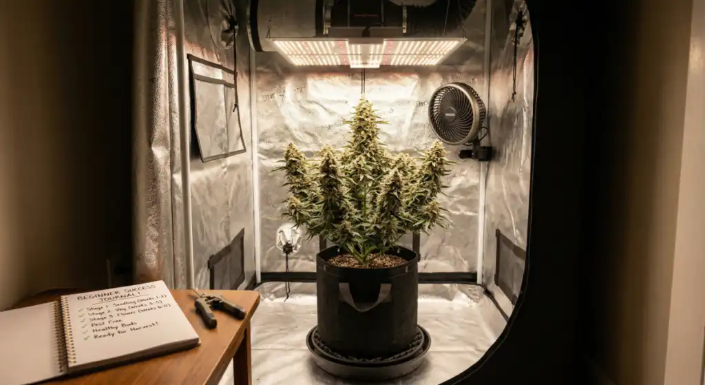 Successful beginner cannabis grow with small indoor setup showing healthy plants ready for harvest in a simple grow environment