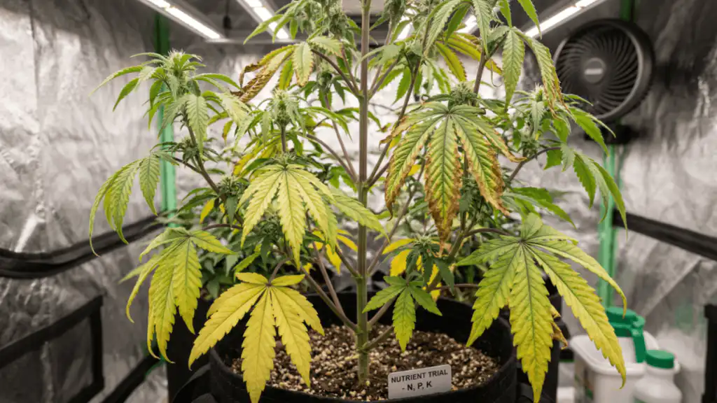 Cannabis nutrient deficiencies chart showing yellow leaves purple stems and burnt leaf edges by deficiency type