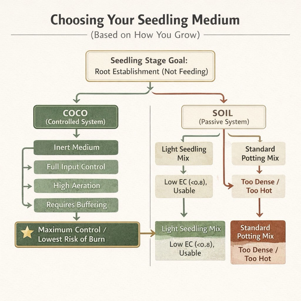 Flowchart showing how to choose cannabis seedling medium — coco coir vs soil options, EC levels and burn risk for Australian growers