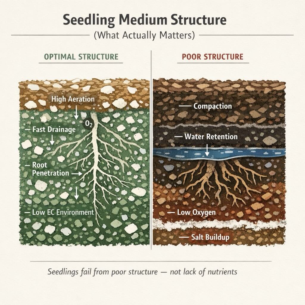 Cross-section diagram comparing optimal vs poor cannabis seedling medium structure — aeration, drainage, root penetration, salt buildup