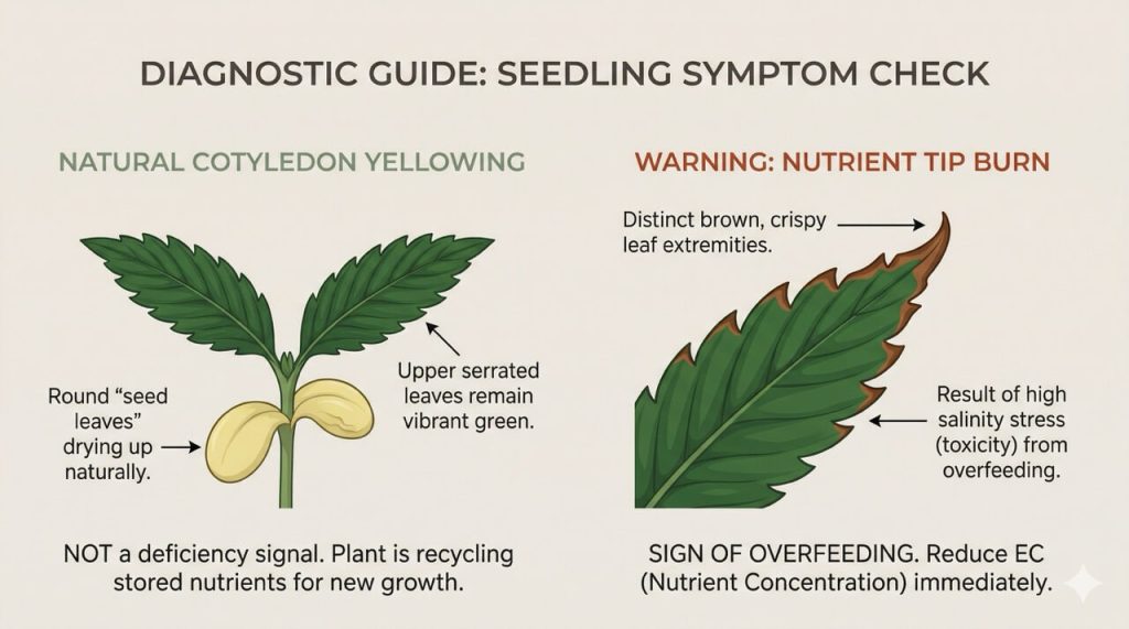 Diagnostic guide comparing natural cotyledon yellowing versus nutrient tip burn in cannabis seedlings — cotyledon yellowing is normal, brown crispy leaf tips indicate overfeeding