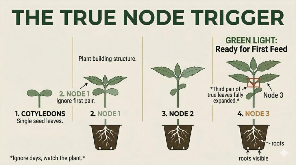 Diagram showing cannabis seedling development from cotyledons through to node 3 — the third node with roots visible at drainage holes is the trigger for first feed