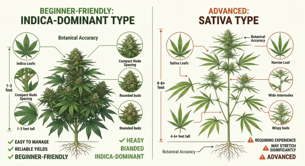 Indica vs sativa cannabis plant comparison showing compact beginner-friendly growth versus tall difficult sativa structure