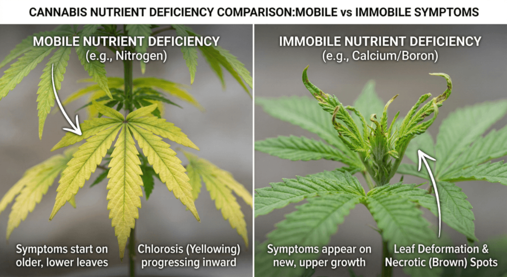 Mobile vs immobile nutrient deficiencies in cannabis — top leaves affected vs bottom leaves affected