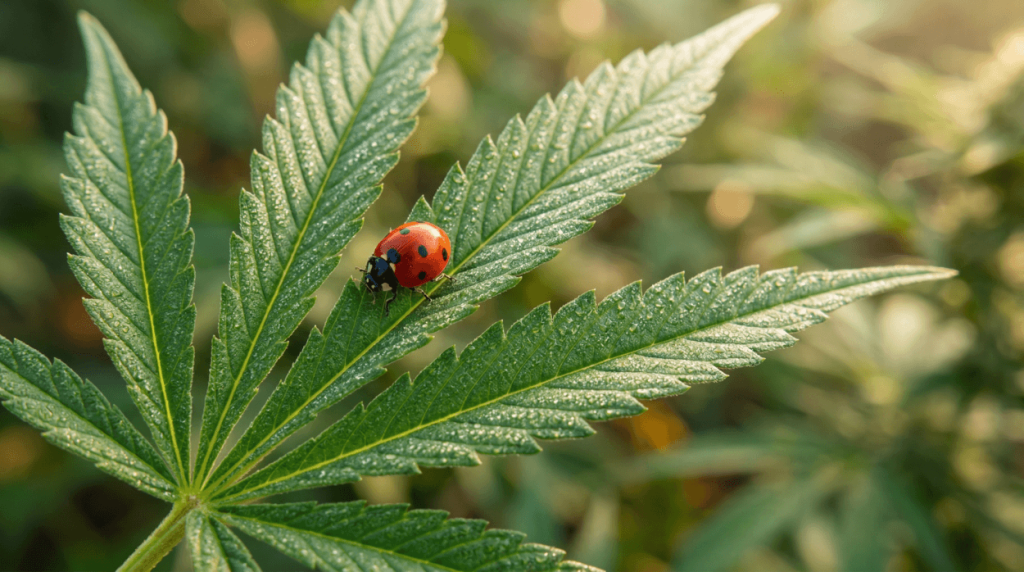 A healthy cannabis leaf with a ladybug on it, symbolising natural pest control in a cannabis grow.