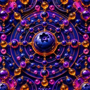 Auto Glueberry OG inspired abstract artwork featuring blueberry-like spheres, golden orbit patterns and vibrant purple pop-art colours.