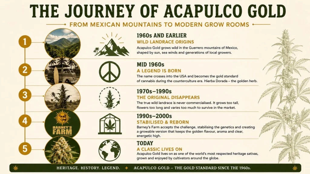 Acapulco Gold strain history timeline showing its origins in Mexico's Guerrero mountains, its rise in the 1960s, later commercial decline and modern revival.