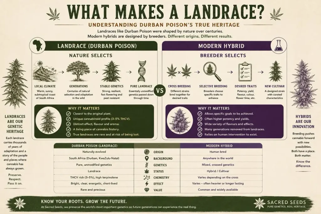 Educational infographic comparing natural landrace cannabis genetics with modern hybrid breeding, using the Durban Poison strain as the example of a true landrace.