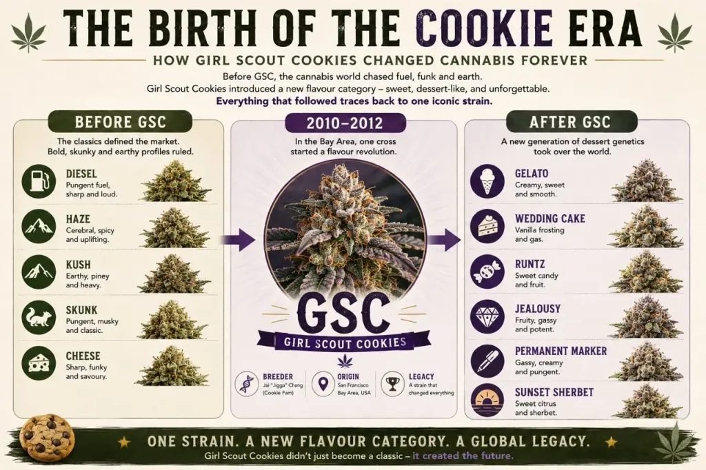 Infographic showing how Girl Scout Cookies transformed cannabis breeding, linking classic strains to the modern dessert genetics era including Gelato, Wedding Cake and Runtz.