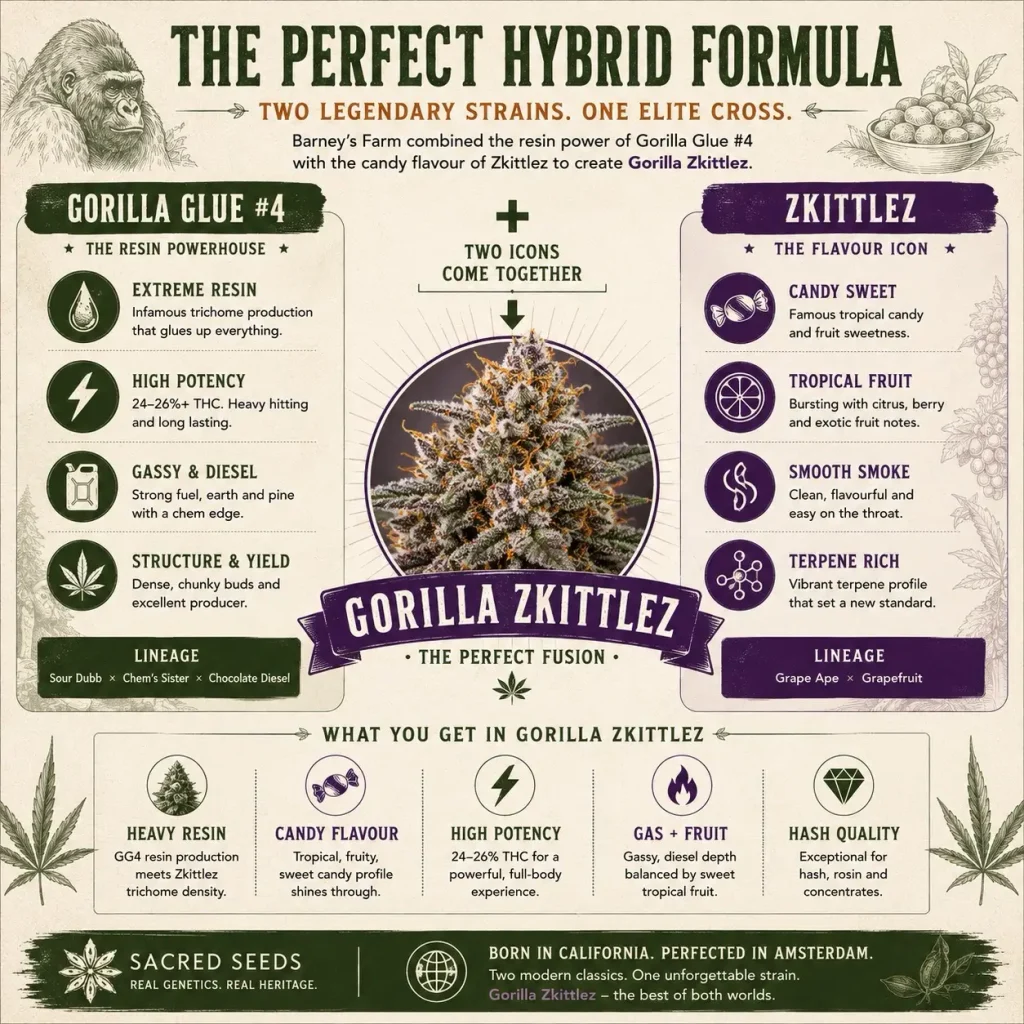 Infographic showing how Gorilla Glue #4 and Zkittlez combine to create Gorilla Zkittlez, blending exceptional resin production, potency and tropical candy flavour.