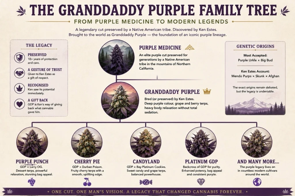 Granddaddy Purple family tree showing the strain's origins from Purple Medicine through Ken Estes and its influence on modern cultivars including Purple Punch, Cherry Pie, Candyland and Platinum GDP.