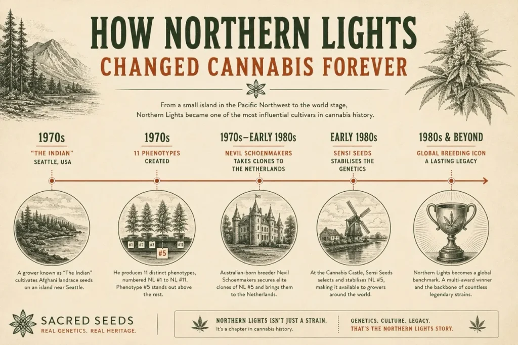 Timeline infographic showing Northern Lights' journey from its 1970s origins near Seattle to global recognition through Nevil Schoenmakers, Sensi Seeds and its influence on modern cannabis breeding.