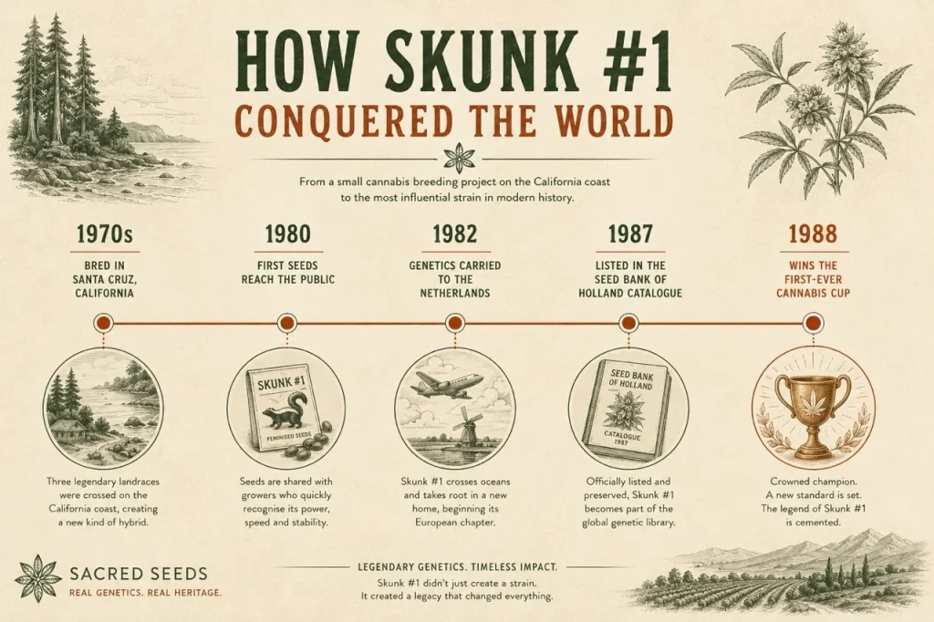 Timeline infographic tracing Skunk #1 from 1970s California to the Netherlands, the Seed Bank of Holland catalogue and its win at the first Cannabis Cup in 1988