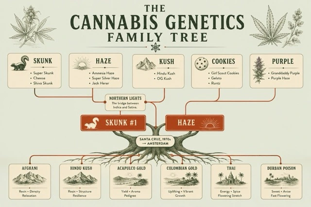 The cannabis genetics family tree showing landrace roots, the Skunk, Haze and Northern Lights pillars, and the five modern strain families