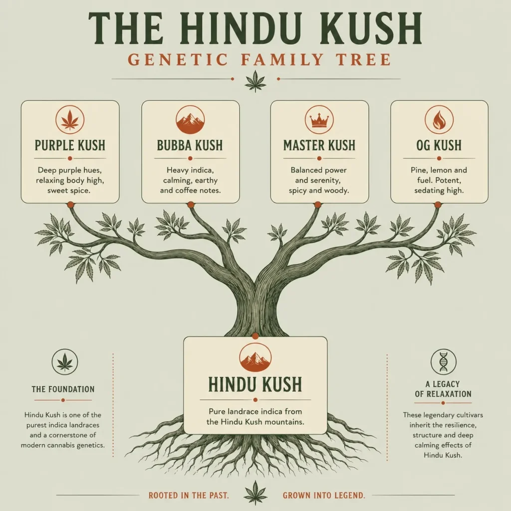 Hindu Kush strain family tree showing Purple Kush, Master Kush and Bubba Kush as descendants