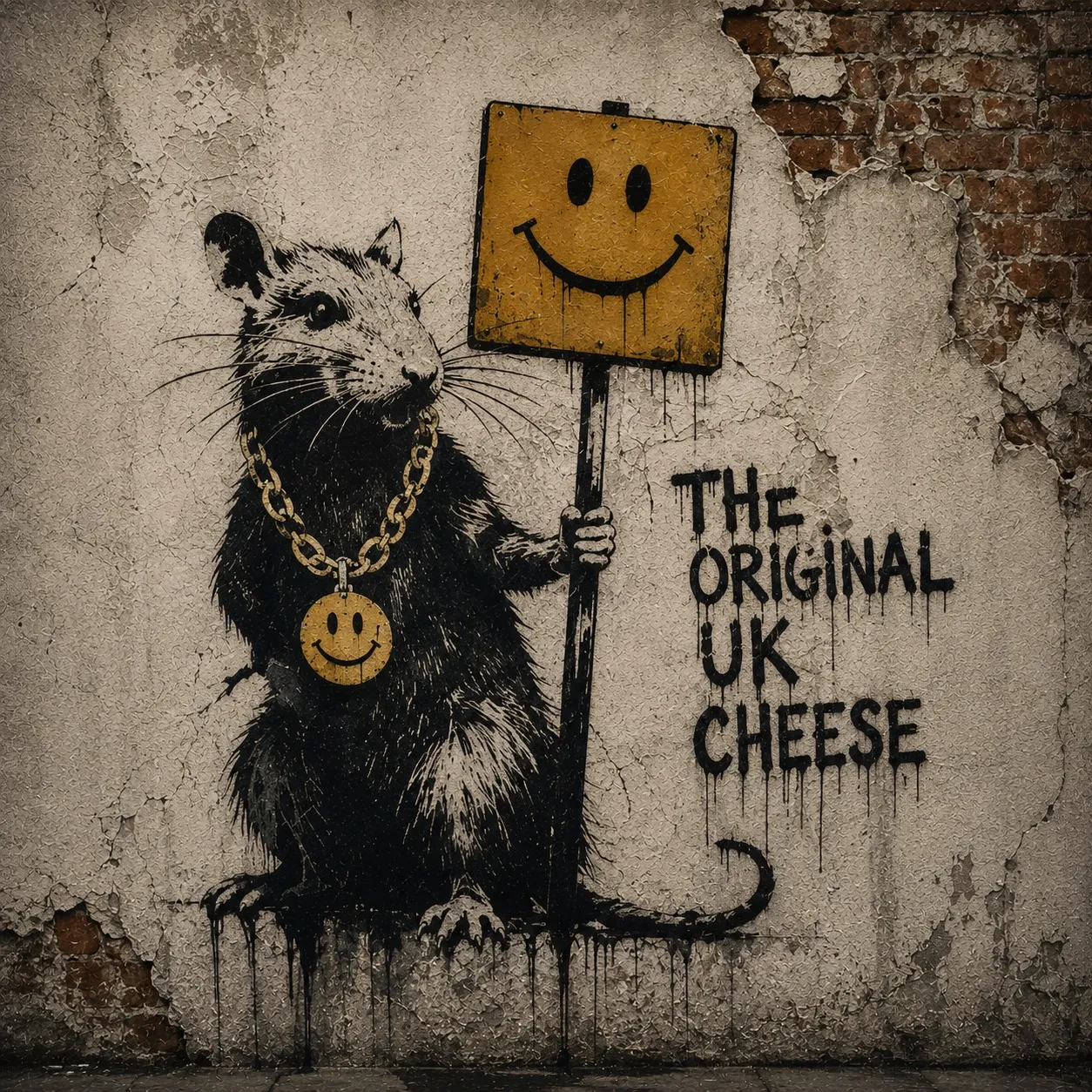 uk-cheese-rat-underground-street-art Banksy-inspired stencil of a rat wearing a smiley pendant and holding a smiley sign, representing the rebellious underground culture that shaped the iconic UK Cheese cannabis strain.