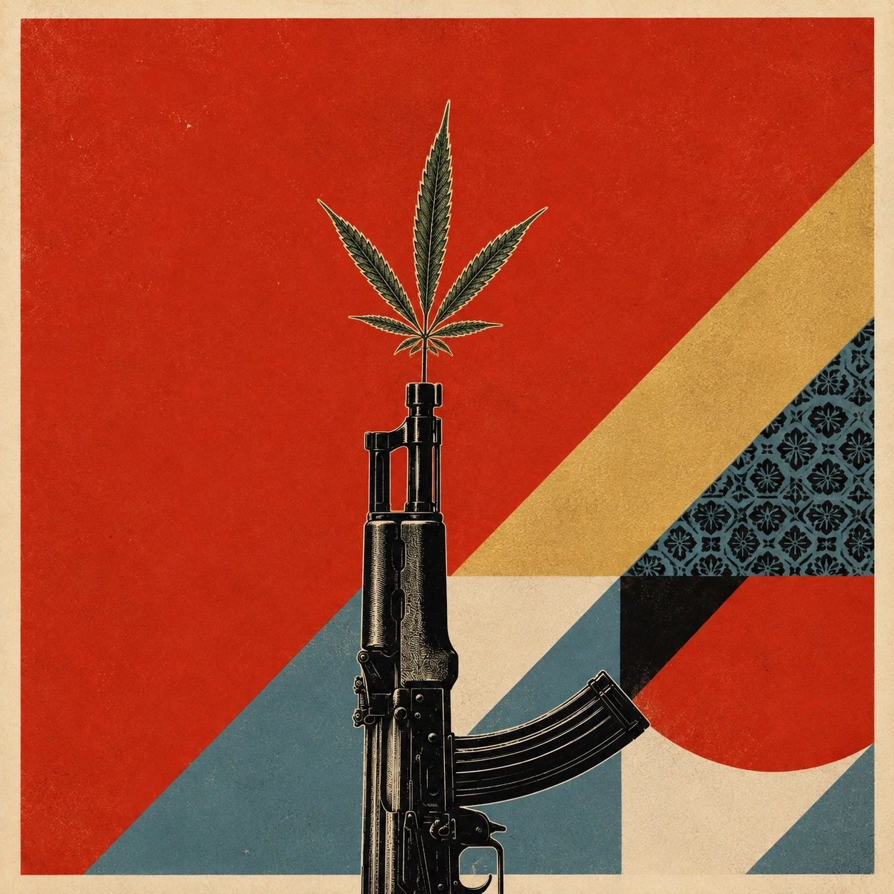 Vintage poster style AK-47 strain artwork with a cannabis leaf emerging from a rifle barrel