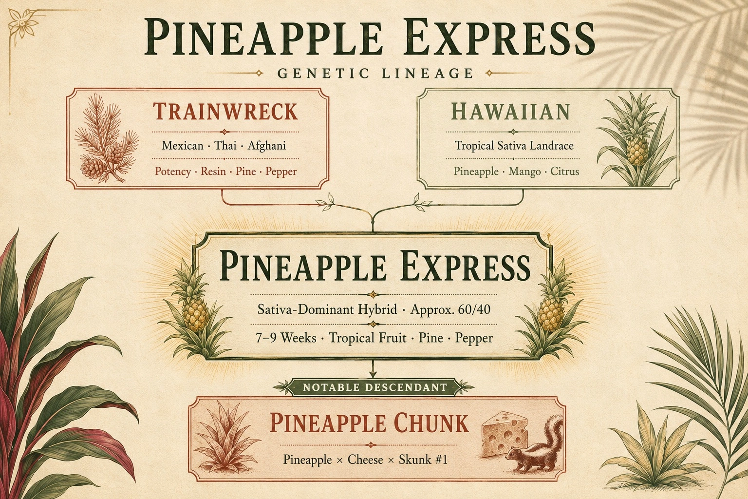 Pineapple Express strain lineage showing Trainwreck and Hawaiian parent genetics