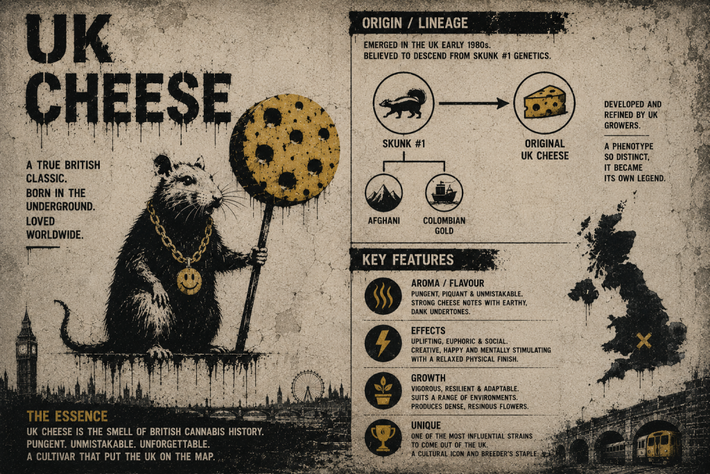Infographic illustrating the origins, Skunk #1 lineage, defining characteristics and cultural legacy of the iconic UK Cheese cannabis strain in a British street-art style.