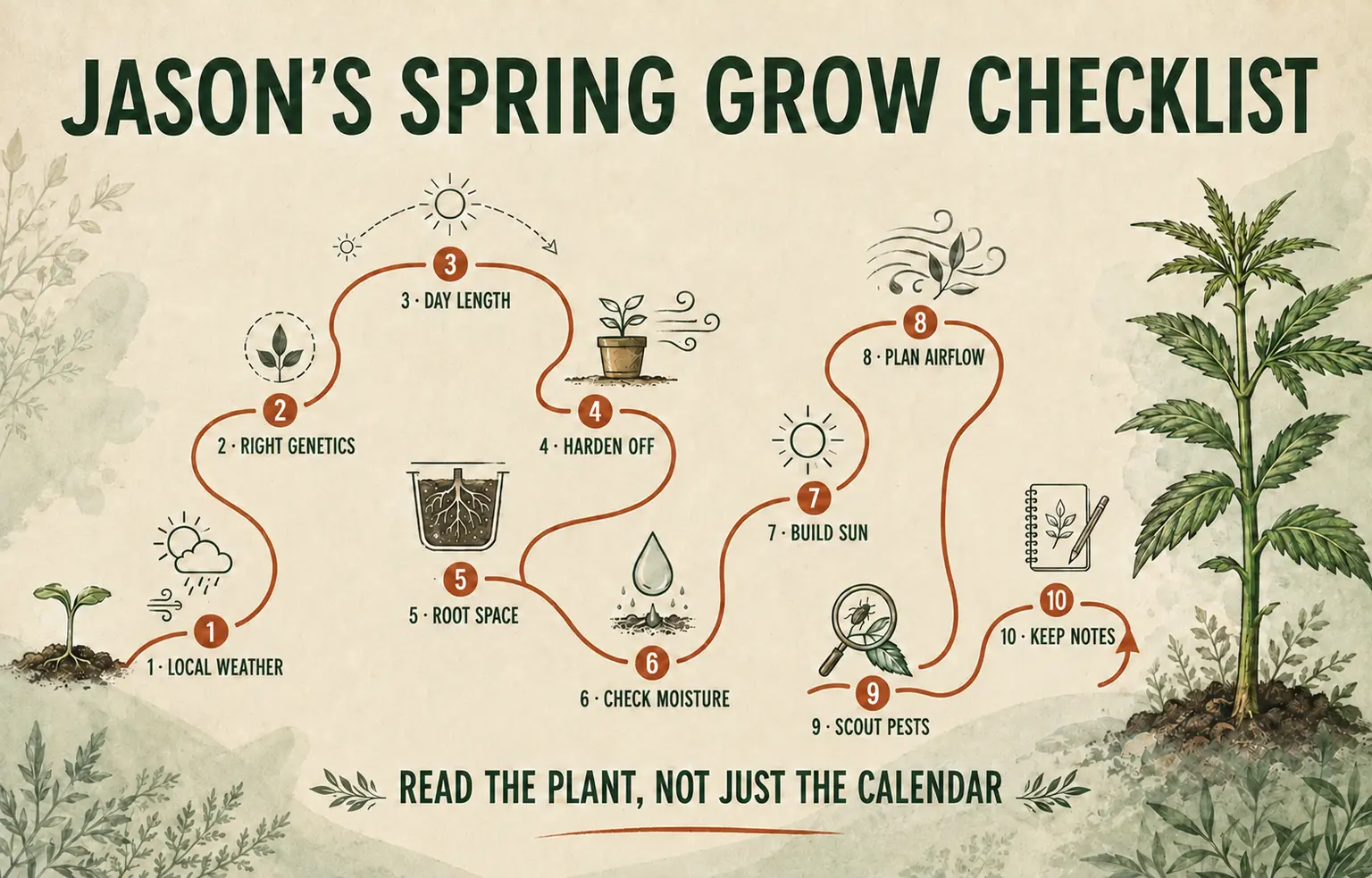 Jason’s ten-point spring cannabis growing checklist covering weather, genetics, sunlight, watering, airflow and pests